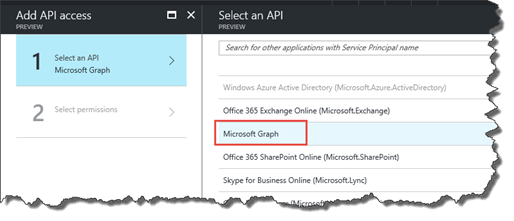 Selecting the Microsoft graph api